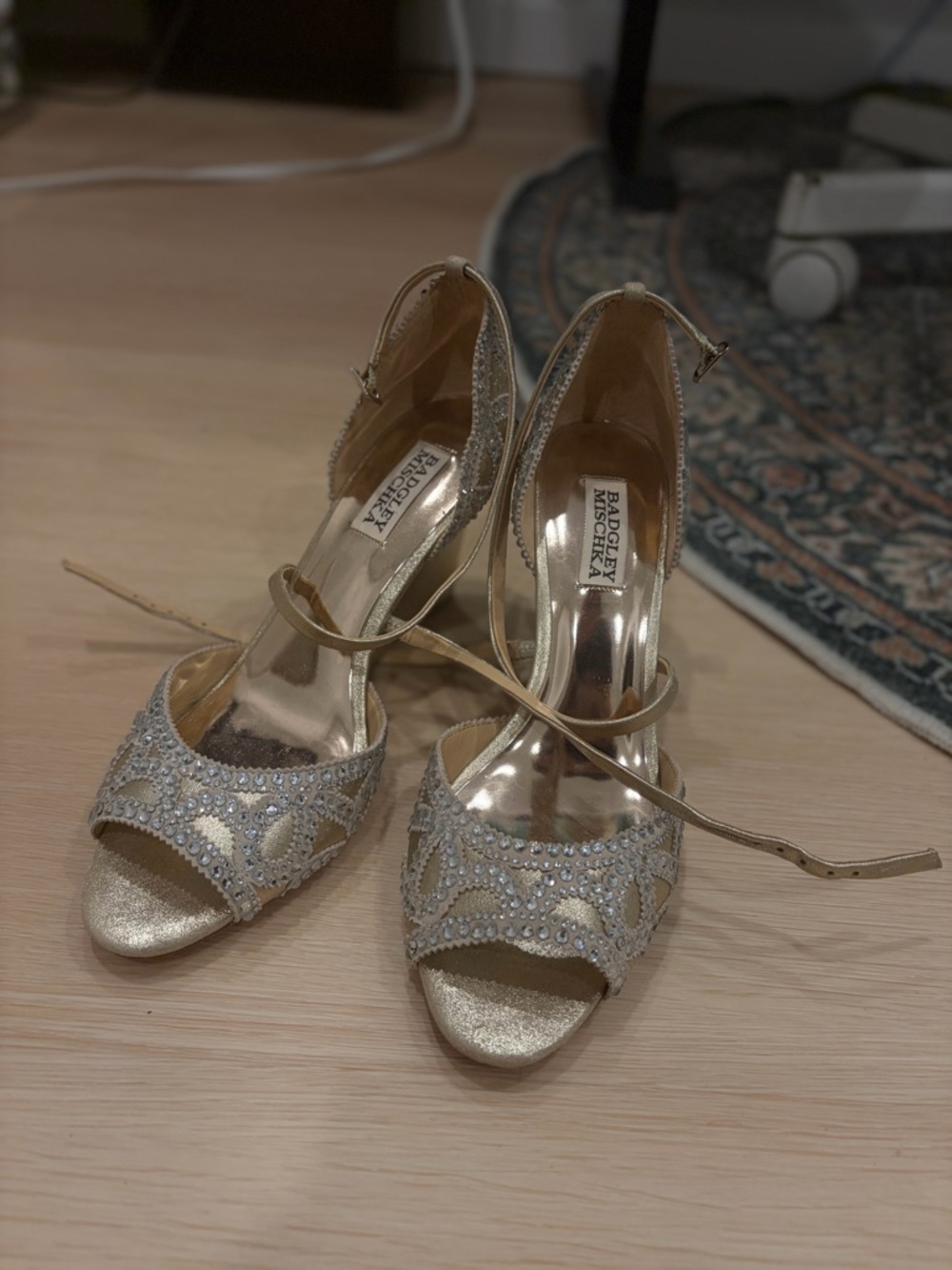 Badgley Mischka Gold Beaded Peep-Toe Ankle-Strap Heels
